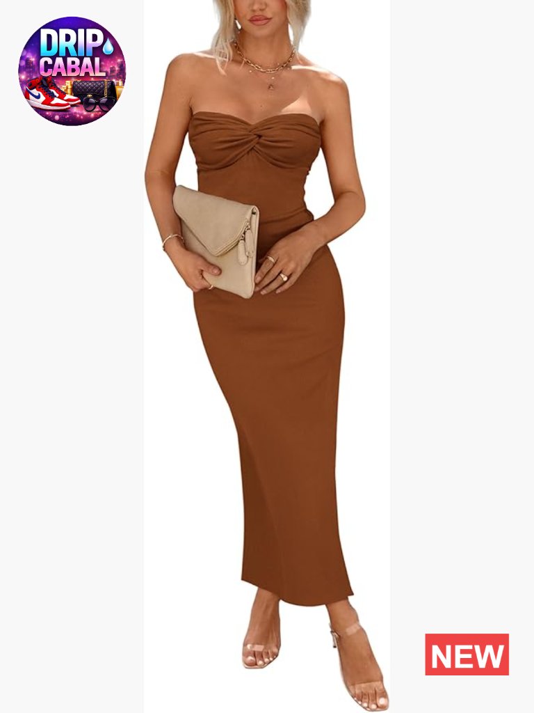 Strapless Tube Twist Knot Front Ribbed Knit Maxi Bodycon Dress